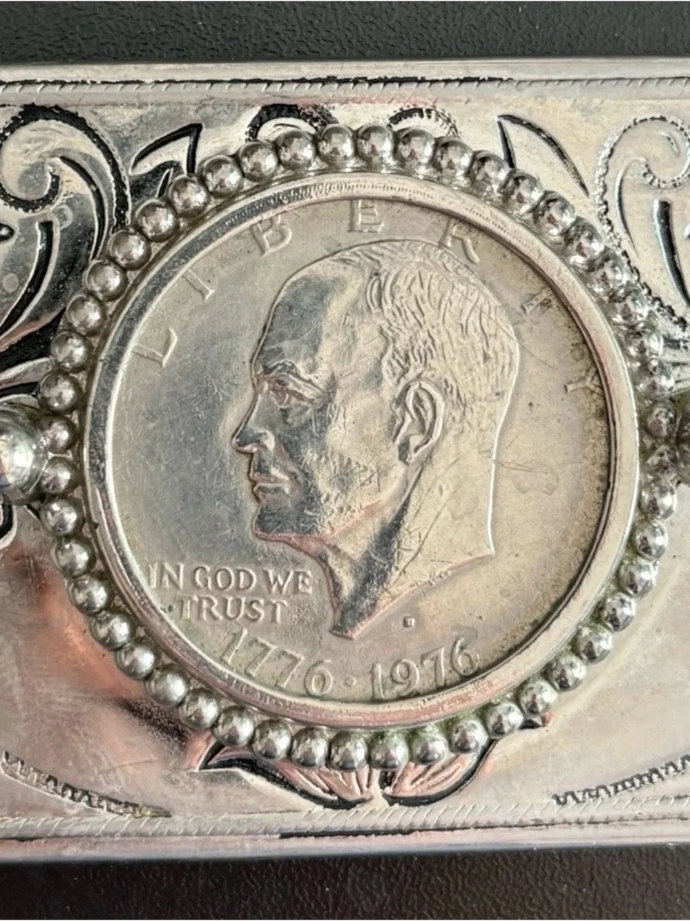 Vintage Silver-Tone Western Belt Buckle with Eisenhower Coin Accent